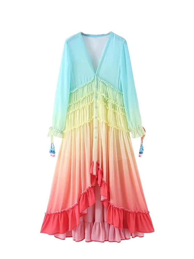 2020 Summer Bohemia Beach Dress Women Casual Gradient Color Loose Dresses Long Sleeve V-Neck Single-Row Button Ruffled Dress