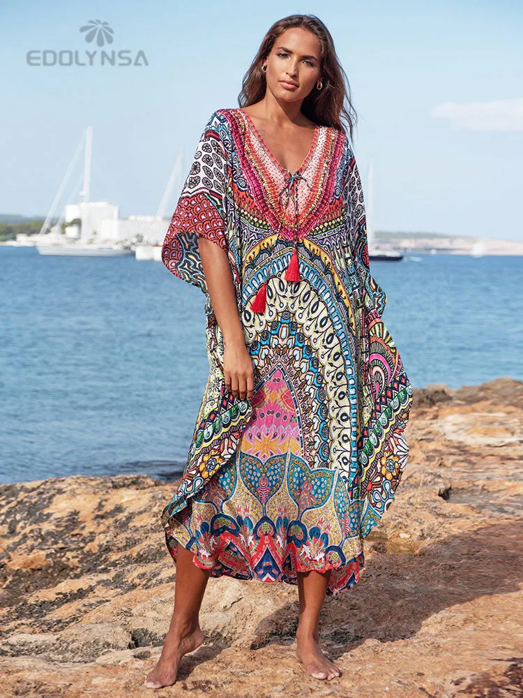 2023 Sexy Cold Shoulder V Neck Bats Sleeve Loose Summer Beach Dress Plus Size Women Beachwear Kaftan Black Dress Q943