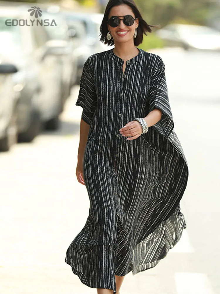 2023 Sexy Cold Shoulder V Neck Bats Sleeve Loose Summer Beach Dress Plus Size Women Beachwear Kaftan Black Dress Q943