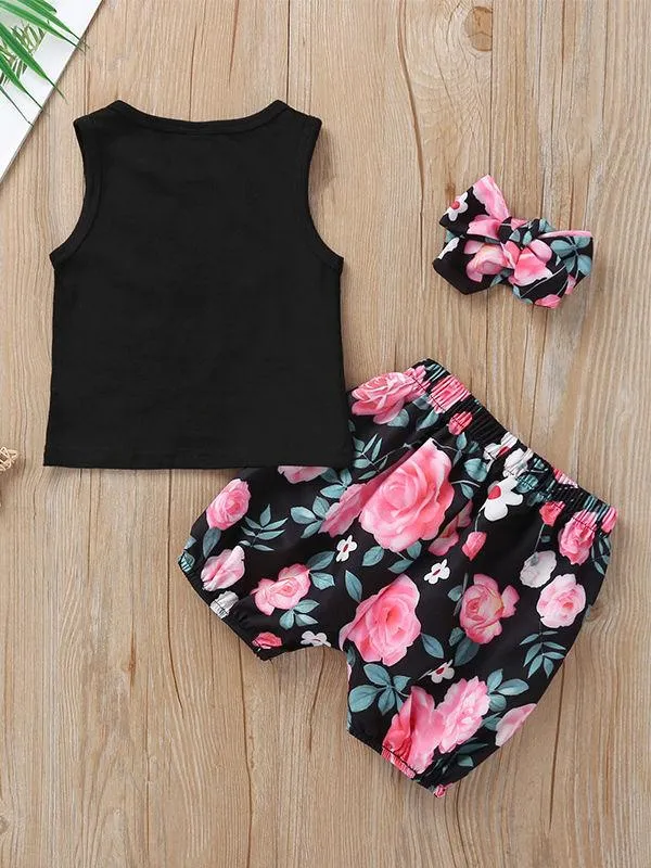 3-Piece Summer Baby Girl Outfit Letter Printed Tank Top Flower Shorts Headband