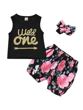 3-Piece Summer Baby Girl Outfit Letter Printed Tank Top Flower Shorts Headband
