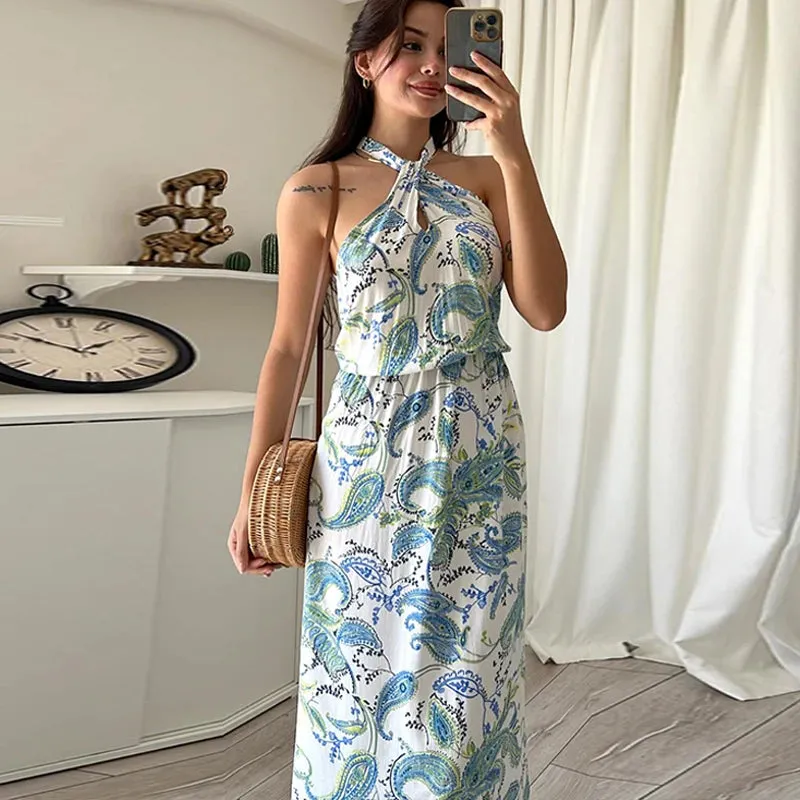 Advbridge -  Elegant Off Shoulder Cross Halter Party Dress Fashion Pattern Print Loose Long Dress Lady Casual Sleeveless Backless Beach Dress