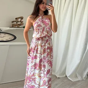 Advbridge -  Elegant Off Shoulder Cross Halter Party Dress Fashion Pattern Print Loose Long Dress Lady Casual Sleeveless Backless Beach Dress