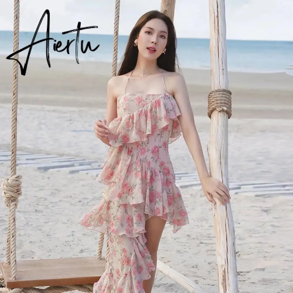 Aiertu Fairy Dress Ruffled Breast Wrap Strap Dress Women's Spring Summer Midi Flower Halterneck  Boho Dress Beach Dress Sundress