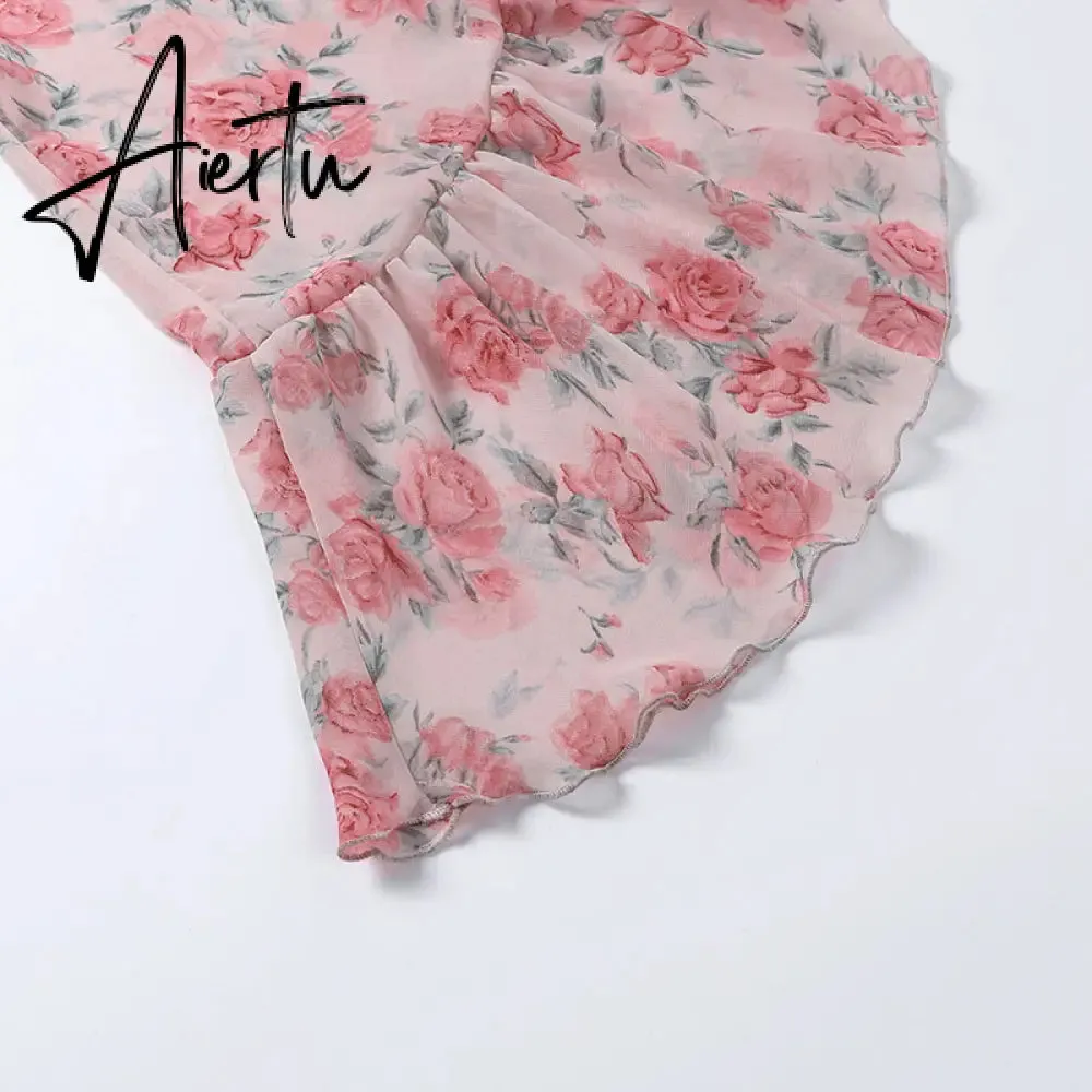 Aiertu Fairy Dress Ruffled Breast Wrap Strap Dress Women's Spring Summer Midi Flower Halterneck  Boho Dress Beach Dress Sundress