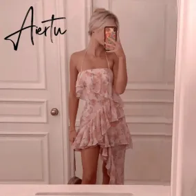Aiertu Fairy Dress Ruffled Breast Wrap Strap Dress Women's Spring Summer Midi Flower Halterneck  Boho Dress Beach Dress Sundress