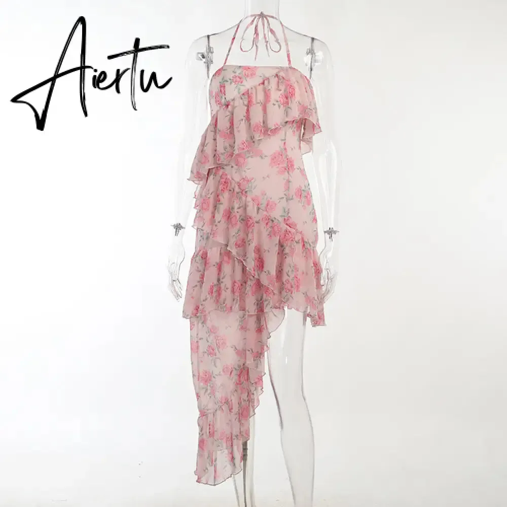 Aiertu Fairy Dress Ruffled Breast Wrap Strap Dress Women's Spring Summer Midi Flower Halterneck  Boho Dress Beach Dress Sundress