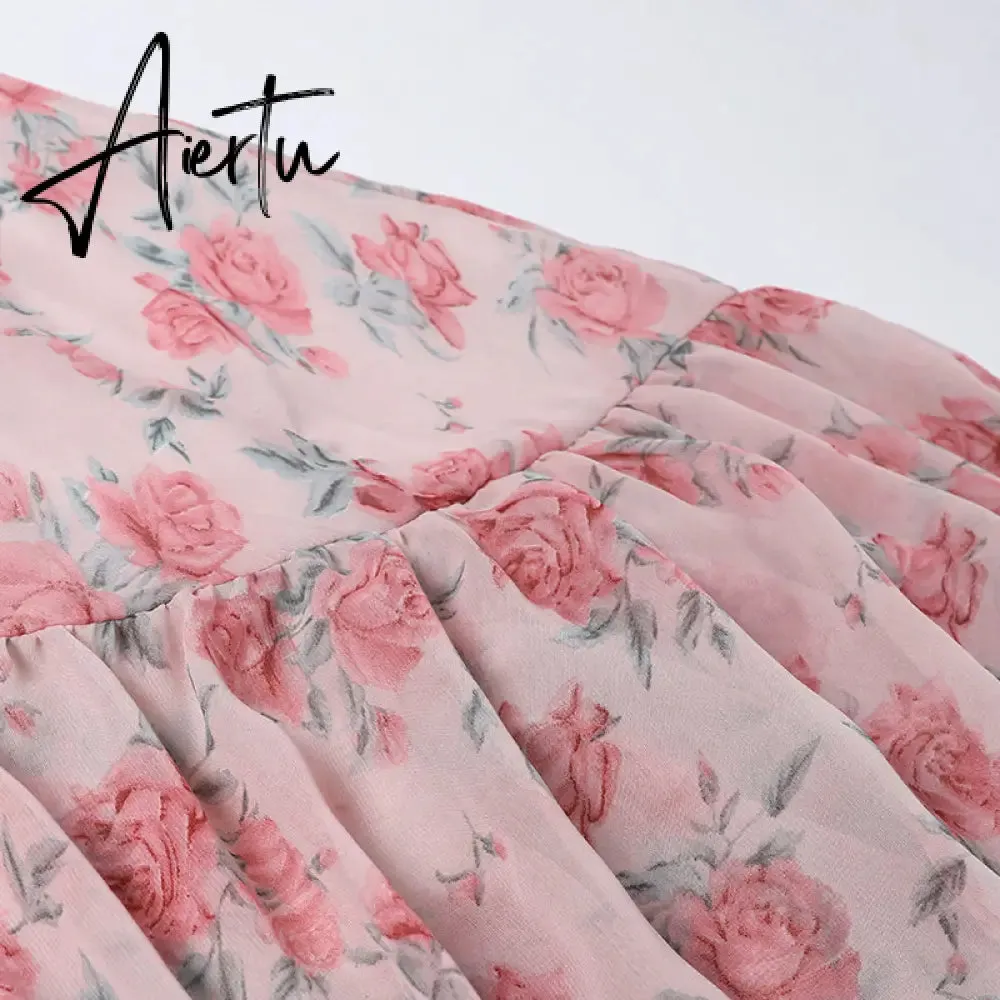 Aiertu Fairy Dress Ruffled Breast Wrap Strap Dress Women's Spring Summer Midi Flower Halterneck  Boho Dress Beach Dress Sundress