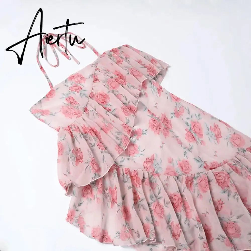 Aiertu Fairy Dress Ruffled Breast Wrap Strap Dress Women's Spring Summer Midi Flower Halterneck  Boho Dress Beach Dress Sundress