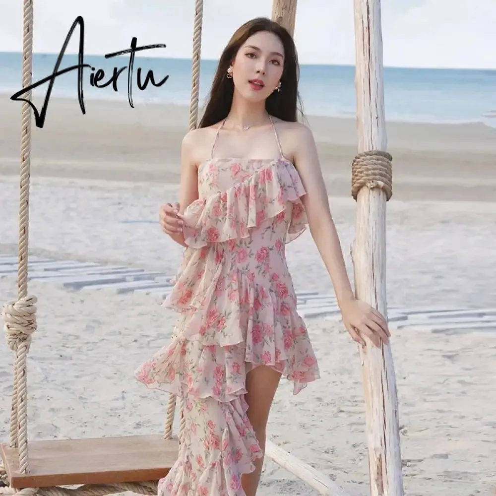 Aiertu Fairy Dress Ruffled Breast Wrap Strap Dress Women's Spring Summer Midi Flower Halterneck  Boho Dress Beach Dress Sundress