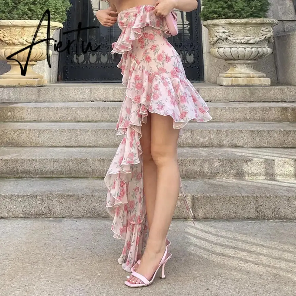 Aiertu Fairy Dress Ruffled Breast Wrap Strap Dress Women's Spring Summer Midi Flower Halterneck  Boho Dress Beach Dress Sundress