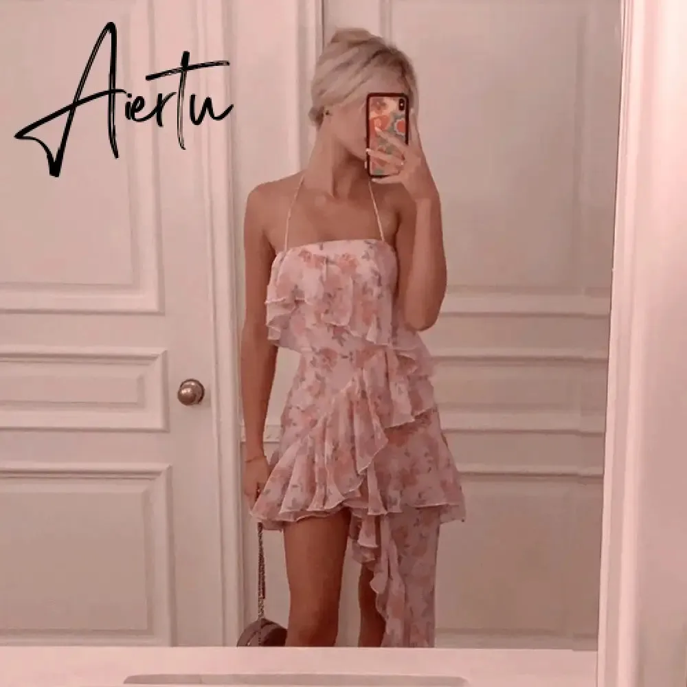 Aiertu Fairy Dress Ruffled Breast Wrap Strap Dress Women's Spring Summer Midi Flower Halterneck  Boho Dress Beach Dress Sundress