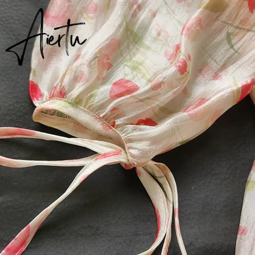 Aiertu Holiday Chiffon Floral Dress Long Sleeve Women Summer Dress Oversized Off Shoulder Sexy High Waist Sweet Mini Beach Dress