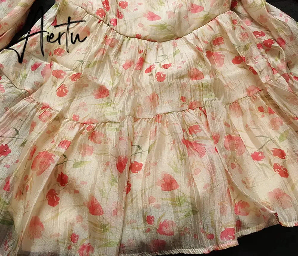 Aiertu Holiday Chiffon Floral Dress Long Sleeve Women Summer Dress Oversized Off Shoulder Sexy High Waist Sweet Mini Beach Dress