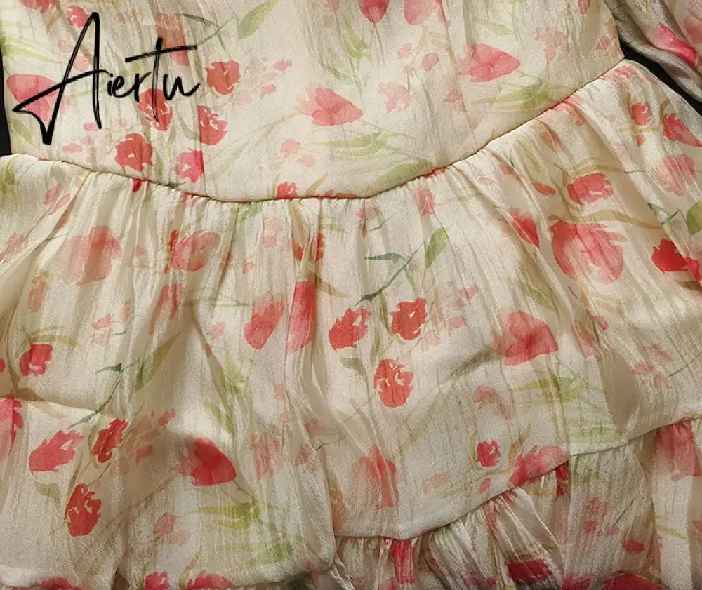 Aiertu Holiday Chiffon Floral Dress Long Sleeve Women Summer Dress Oversized Off Shoulder Sexy High Waist Sweet Mini Beach Dress
