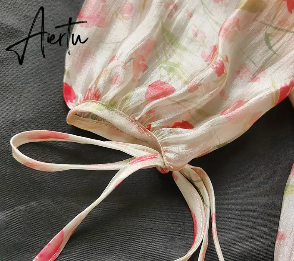 Aiertu Holiday Chiffon Floral Dress Long Sleeve Women Summer Dress Oversized Off Shoulder Sexy High Waist Sweet Mini Beach Dress