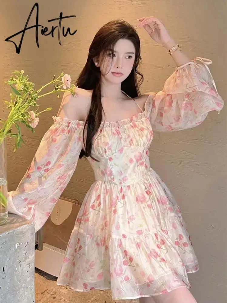 Aiertu Holiday Chiffon Floral Dress Long Sleeve Women Summer Dress Oversized Off Shoulder Sexy High Waist Sweet Mini Beach Dress