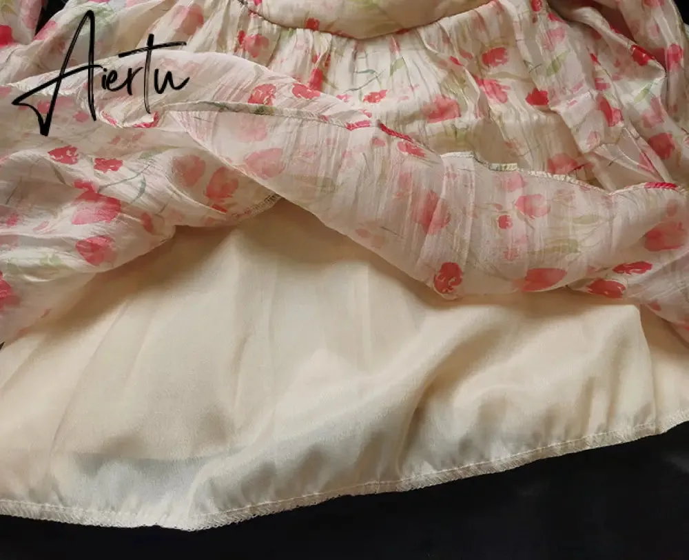 Aiertu Holiday Chiffon Floral Dress Long Sleeve Women Summer Dress Oversized Off Shoulder Sexy High Waist Sweet Mini Beach Dress