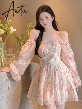 Aiertu Holiday Chiffon Floral Dress Long Sleeve Women Summer Dress Oversized Off Shoulder Sexy High Waist Sweet Mini Beach Dress
