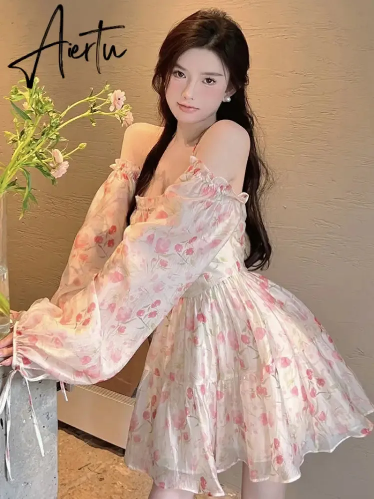 Aiertu Holiday Chiffon Floral Dress Long Sleeve Women Summer Dress Oversized Off Shoulder Sexy High Waist Sweet Mini Beach Dress