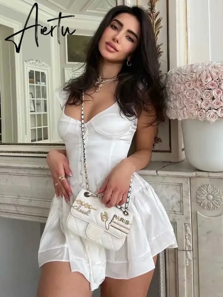 Aiertu Inspired ruffled bustier romper dress women off shoulder straps sexy summer dress buttons slim fit dresses for women party