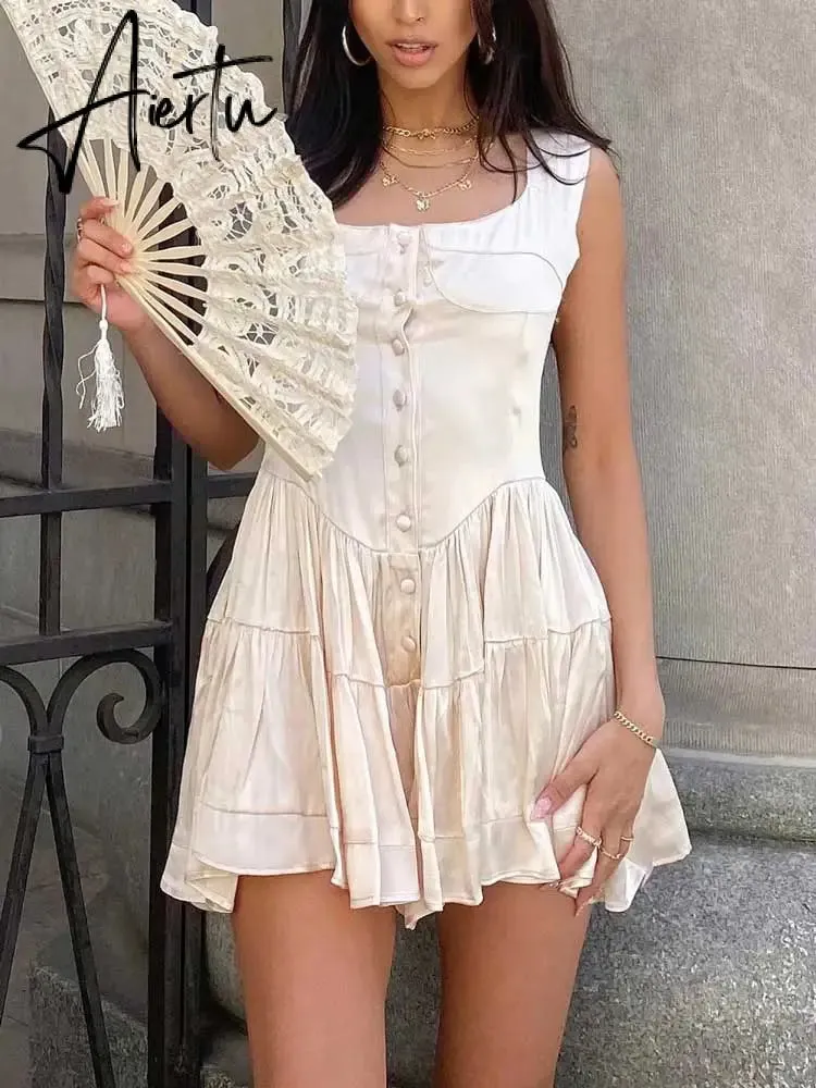 Aiertu Inspired ruffled bustier romper dress women off shoulder straps sexy summer dress buttons slim fit dresses for women party