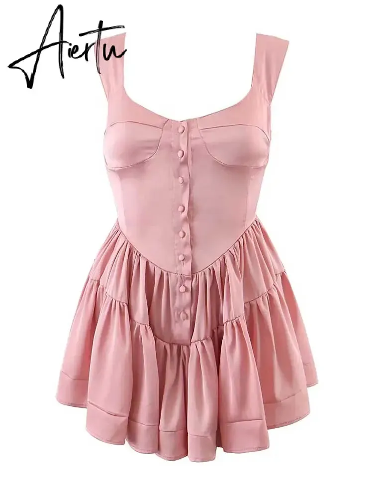 Aiertu Inspired ruffled bustier romper dress women off shoulder straps sexy summer dress buttons slim fit dresses for women party
