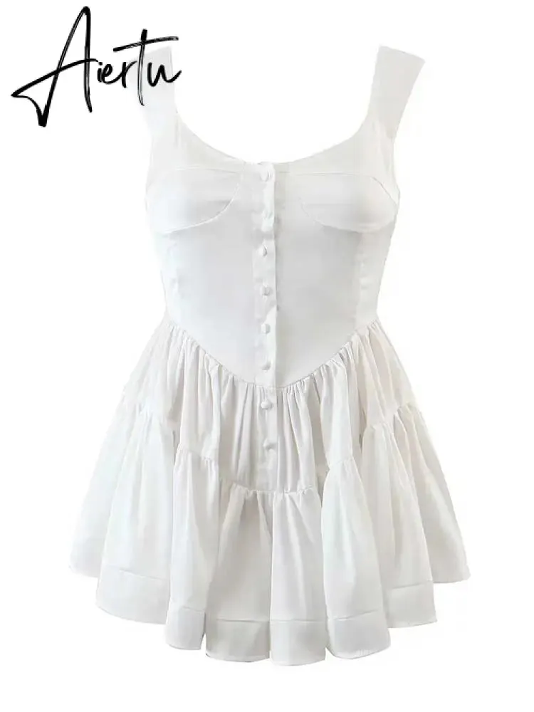 Aiertu Inspired ruffled bustier romper dress women off shoulder straps sexy summer dress buttons slim fit dresses for women party