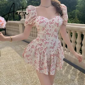 Aiertu  Short Sleeve Floral Dress Mini Sexy Women  Puff Sleeve Dress Vintage Slim French Square Collar New Summer Femme Clothes