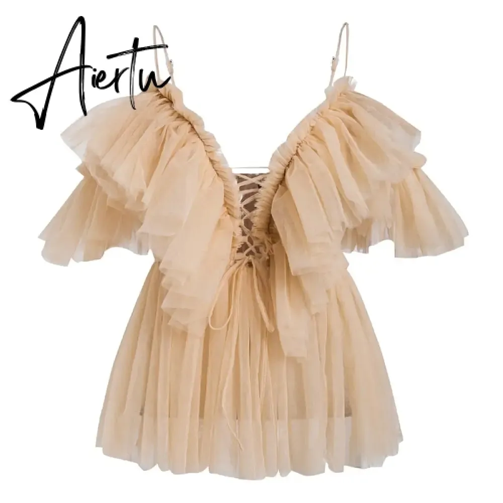 Aiertu Simplee V-neck mesh lace up sexy blouse summer women Strap boho ruffle cold shouler elegant tops Tulle see through casual shirt