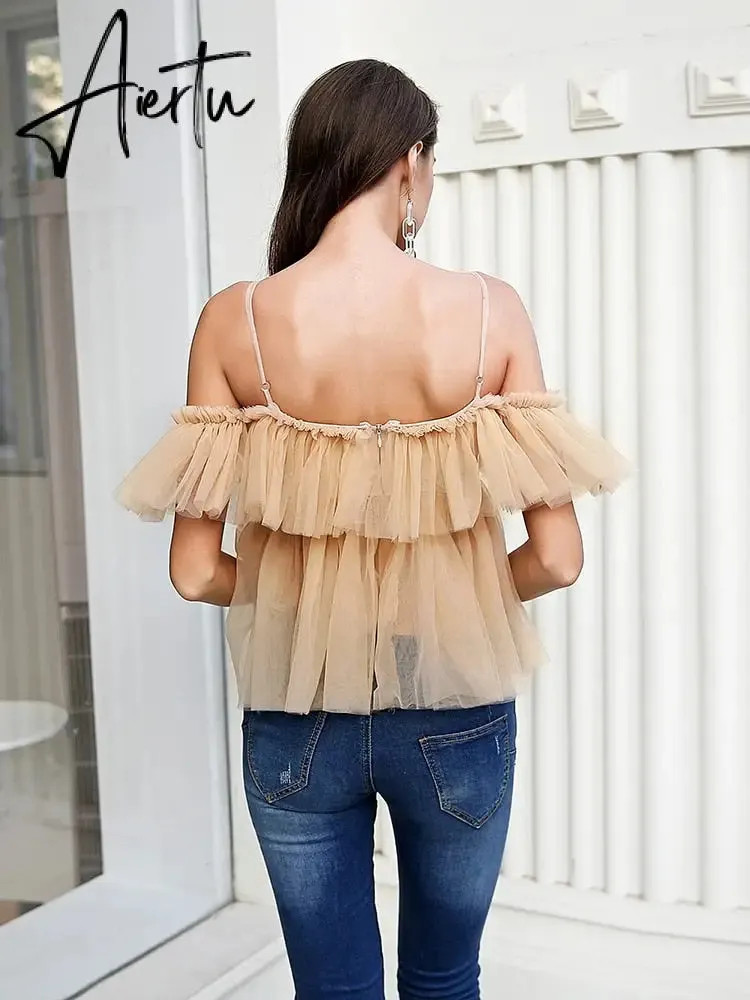 Aiertu Simplee V-neck mesh lace up sexy blouse summer women Strap boho ruffle cold shouler elegant tops Tulle see through casual shirt