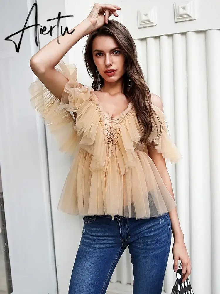 Aiertu Simplee V-neck mesh lace up sexy blouse summer women Strap boho ruffle cold shouler elegant tops Tulle see through casual shirt