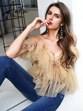 Aiertu Simplee V-neck mesh lace up sexy blouse summer women Strap boho ruffle cold shouler elegant tops Tulle see through casual shirt