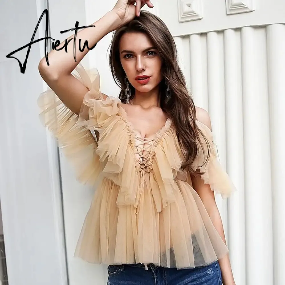 Aiertu Simplee V-neck mesh lace up sexy blouse summer women Strap boho ruffle cold shouler elegant tops Tulle see through casual shirt