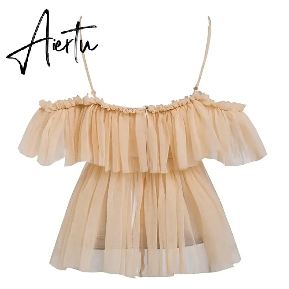 Aiertu Simplee V-neck mesh lace up sexy blouse summer women Strap boho ruffle cold shouler elegant tops Tulle see through casual shirt