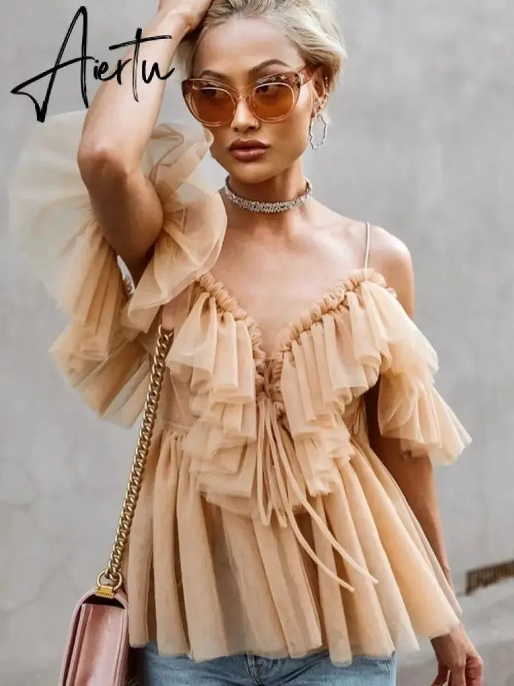 Aiertu Simplee V-neck mesh lace up sexy blouse summer women Strap boho ruffle cold shouler elegant tops Tulle see through casual shirt