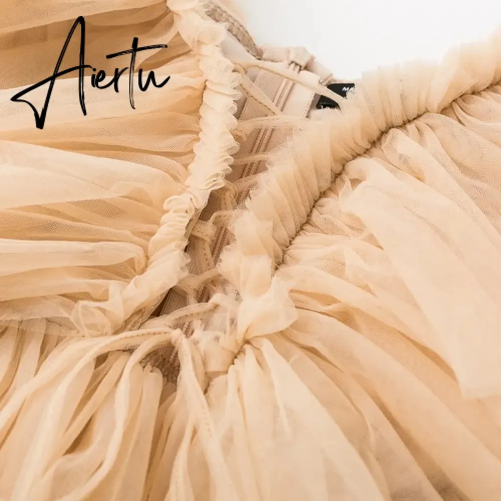 Aiertu Simplee V-neck mesh lace up sexy blouse summer women Strap boho ruffle cold shouler elegant tops Tulle see through casual shirt
