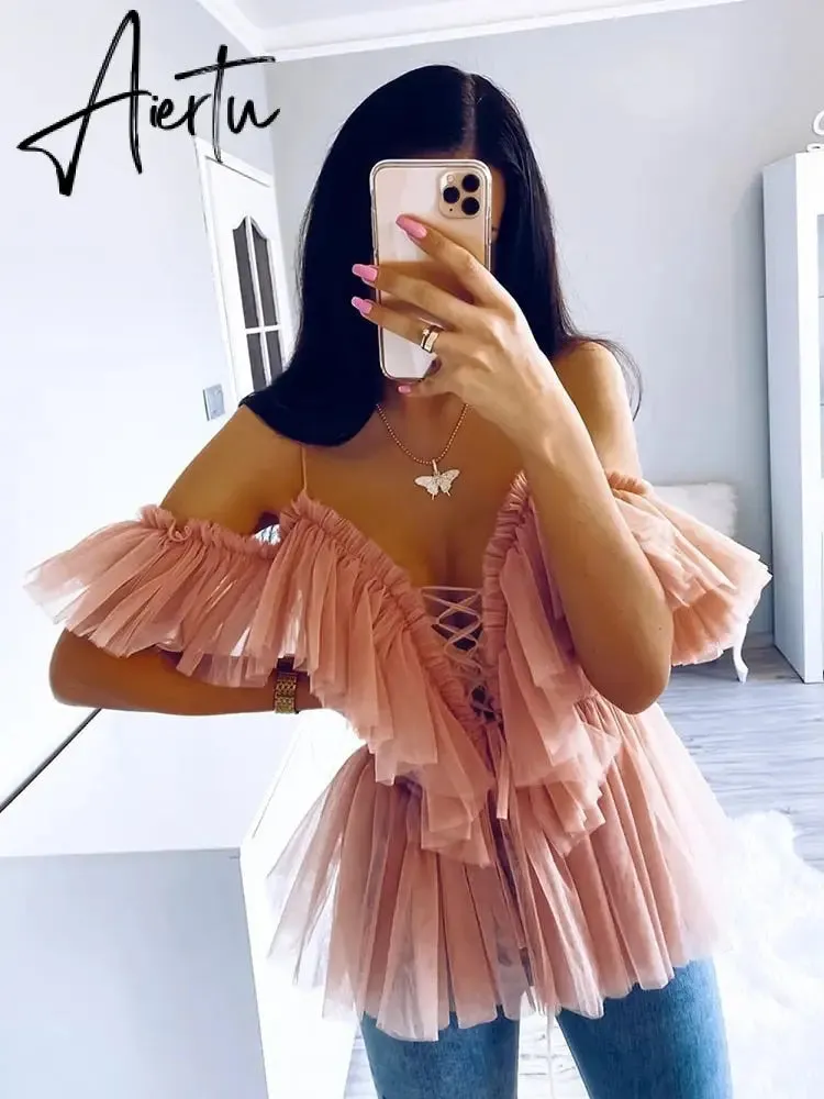 Aiertu Simplee V-neck mesh lace up sexy blouse summer women Strap boho ruffle cold shouler elegant tops Tulle see through casual shirt