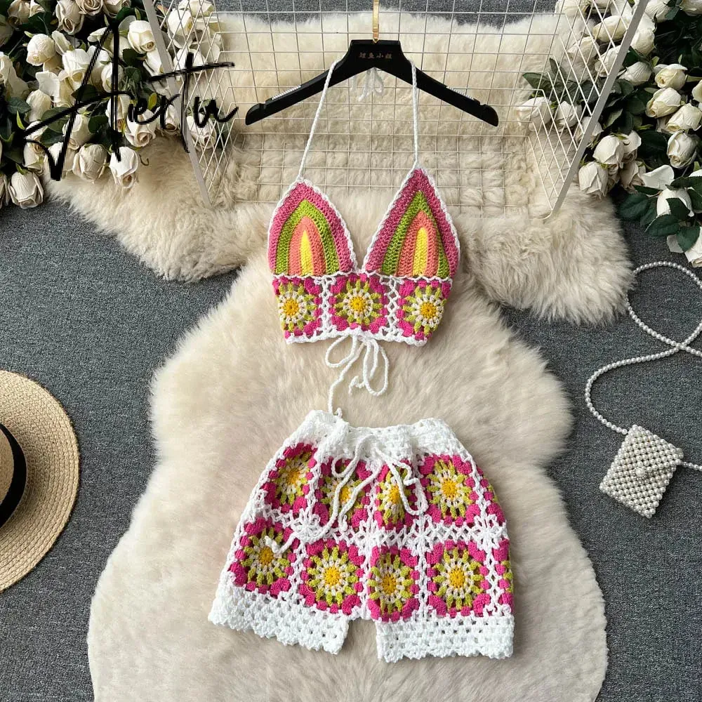 Aiertu  Summer Hollow Out Beach Suits Women Strap Halter Sexy Top Mini Shorts Fashion Floral Knitted Bohemian Two Pieces Sets