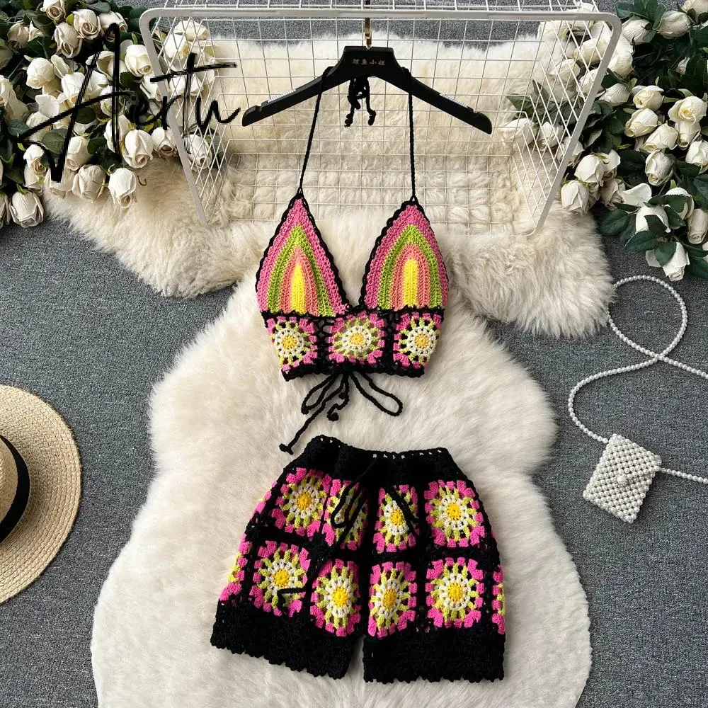 Aiertu  Summer Hollow Out Beach Suits Women Strap Halter Sexy Top Mini Shorts Fashion Floral Knitted Bohemian Two Pieces Sets