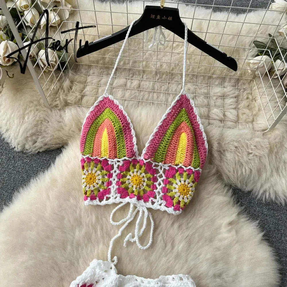 Aiertu  Summer Hollow Out Beach Suits Women Strap Halter Sexy Top Mini Shorts Fashion Floral Knitted Bohemian Two Pieces Sets
