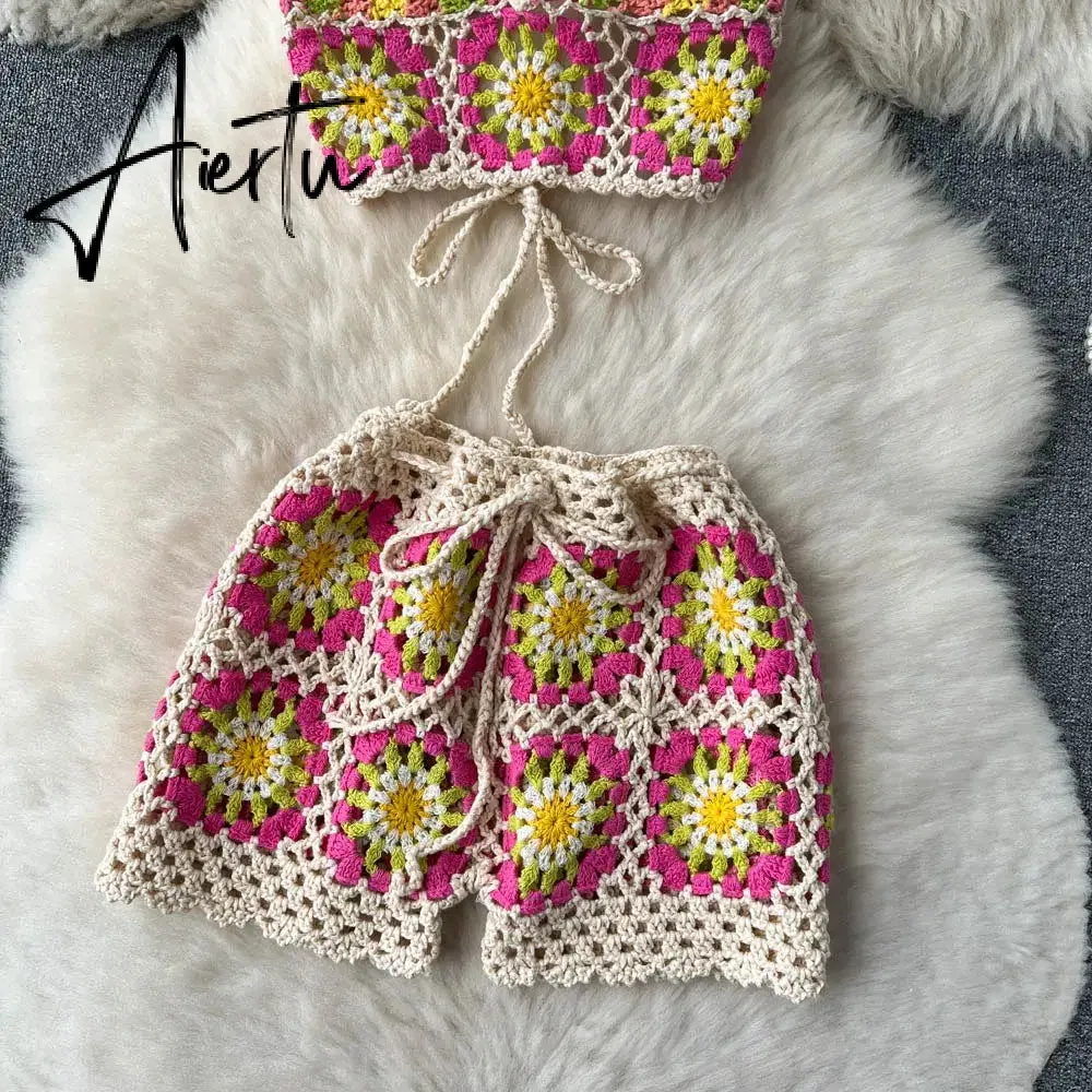 Aiertu  Summer Hollow Out Beach Suits Women Strap Halter Sexy Top Mini Shorts Fashion Floral Knitted Bohemian Two Pieces Sets