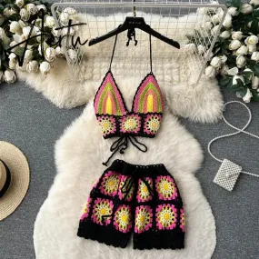 Aiertu  Summer Hollow Out Beach Suits Women Strap Halter Sexy Top Mini Shorts Fashion Floral Knitted Bohemian Two Pieces Sets