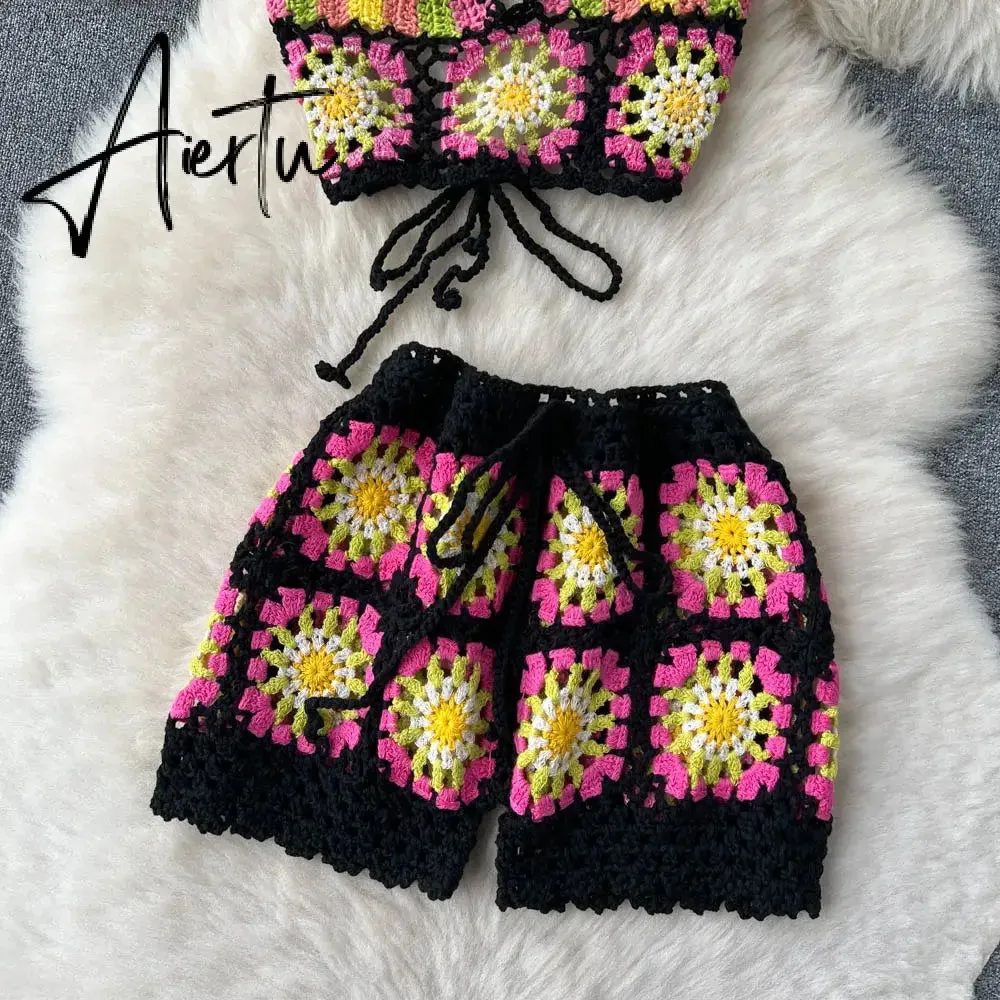 Aiertu  Summer Hollow Out Beach Suits Women Strap Halter Sexy Top Mini Shorts Fashion Floral Knitted Bohemian Two Pieces Sets