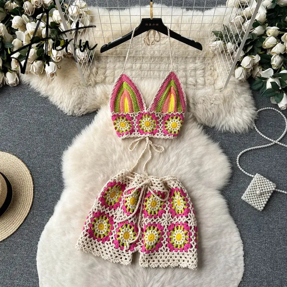 Aiertu  Summer Hollow Out Beach Suits Women Strap Halter Sexy Top Mini Shorts Fashion Floral Knitted Bohemian Two Pieces Sets
