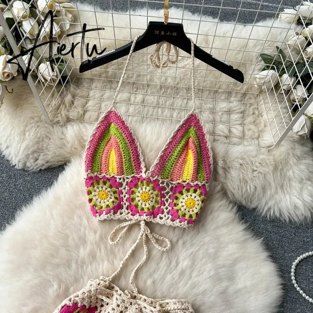 Aiertu  Summer Hollow Out Beach Suits Women Strap Halter Sexy Top Mini Shorts Fashion Floral Knitted Bohemian Two Pieces Sets