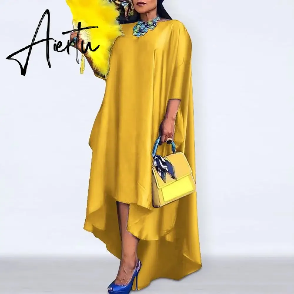 Aiertu   Women Casual 2/3 Sleeve Irregular Maxi Dress  Robe Spring O Neck Asymmetrical Pleated Vestidos Elegant Long Sundress