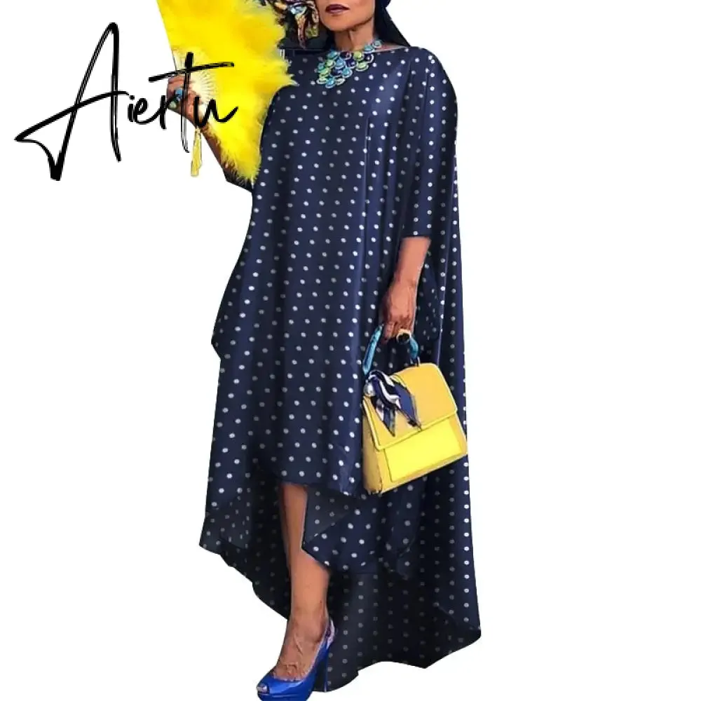 Aiertu   Women Casual 2/3 Sleeve Irregular Maxi Dress  Robe Spring O Neck Asymmetrical Pleated Vestidos Elegant Long Sundress