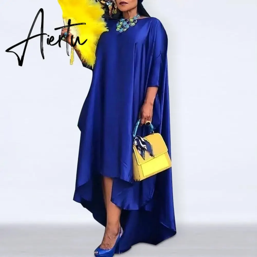 Aiertu   Women Casual 2/3 Sleeve Irregular Maxi Dress  Robe Spring O Neck Asymmetrical Pleated Vestidos Elegant Long Sundress