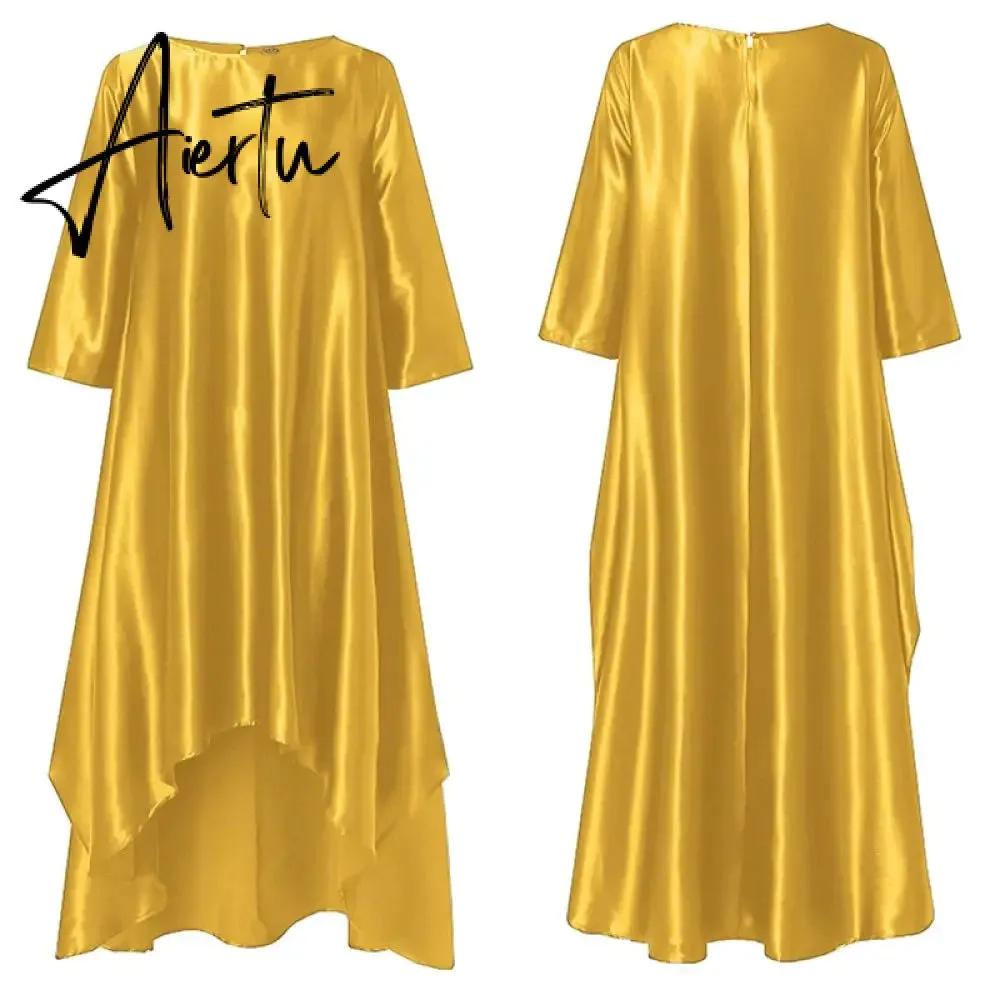 Aiertu   Women Casual 2/3 Sleeve Irregular Maxi Dress  Robe Spring O Neck Asymmetrical Pleated Vestidos Elegant Long Sundress
